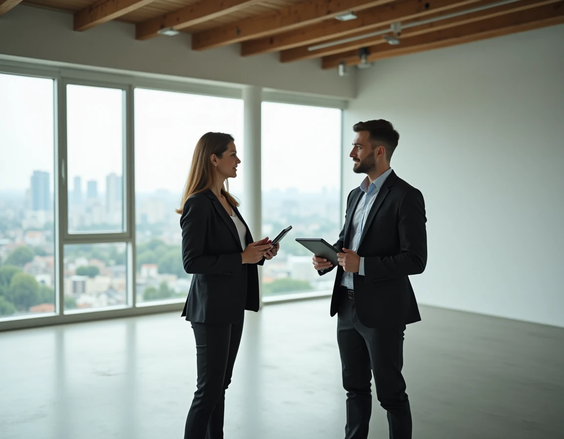 Agente immobilière présentant un appartement vide et lumineux à un acheteur potentiel avec vue sur la ville