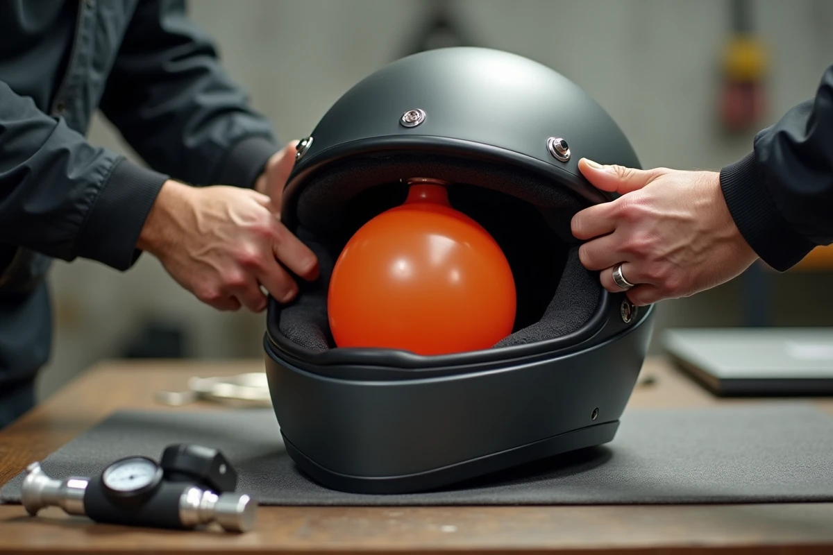 Utilisation d'un ballon gonflable inséré dans un casque moto pour pré-former et assouplir les mousses intérieures