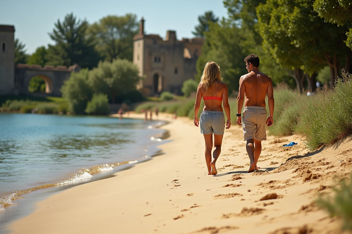 Couple se promenant sur une plage de sable cachée au bord du Gardon près de Nîmes par une journée d'été ensoleillée