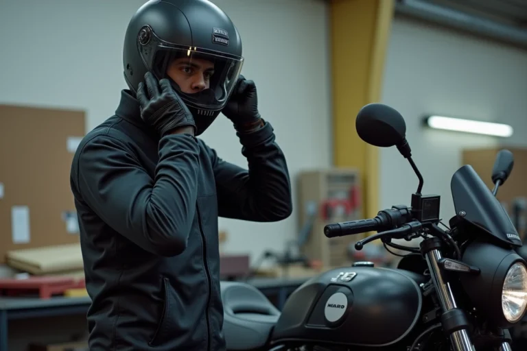 Motocycliste ajustant son casque de moto trop serré dans un atelier, avec des mousses de remplacement sur l'établi