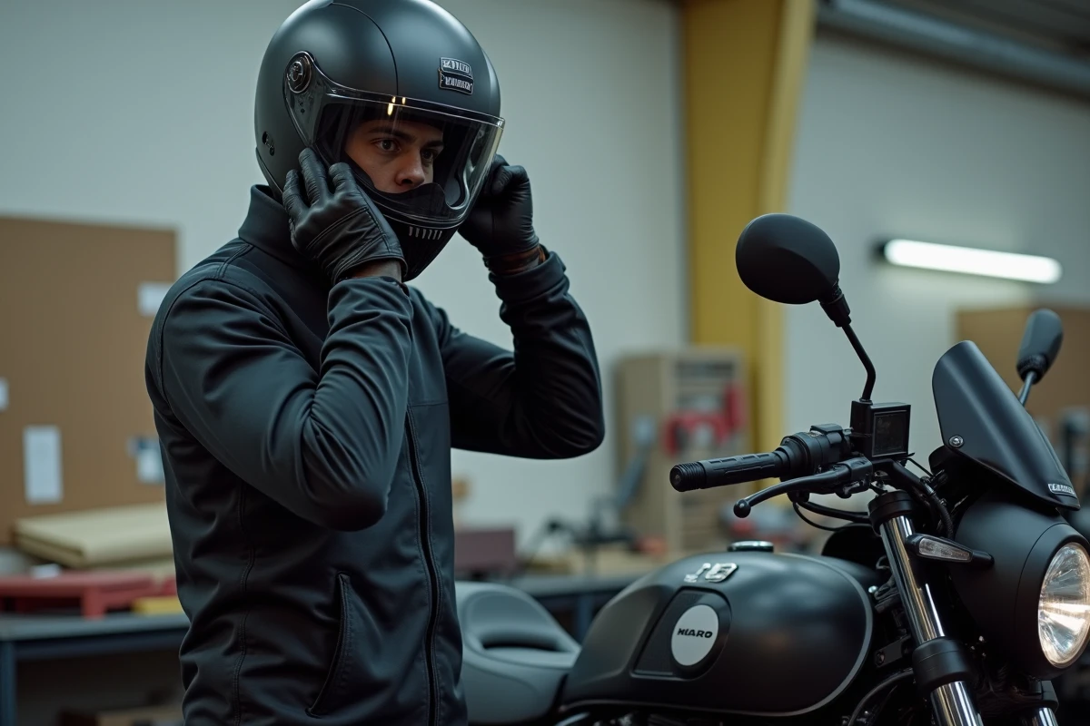 Motocycliste ajustant son casque de moto trop serré dans un atelier, avec des mousses de remplacement sur l'établi