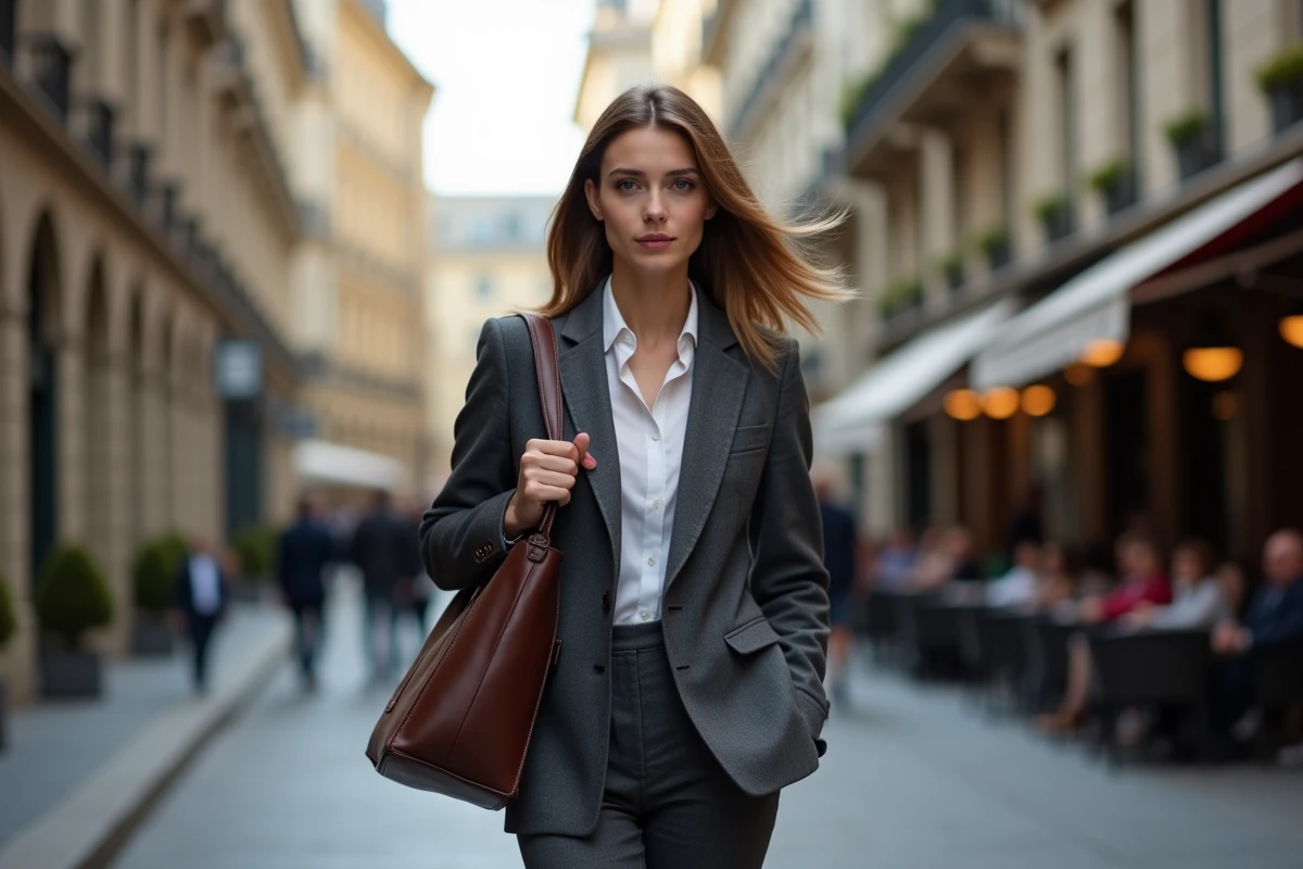 Femme entrepreneur dynamique en costume gris marchant dans une rue animée d'un quartier d'affaires européen