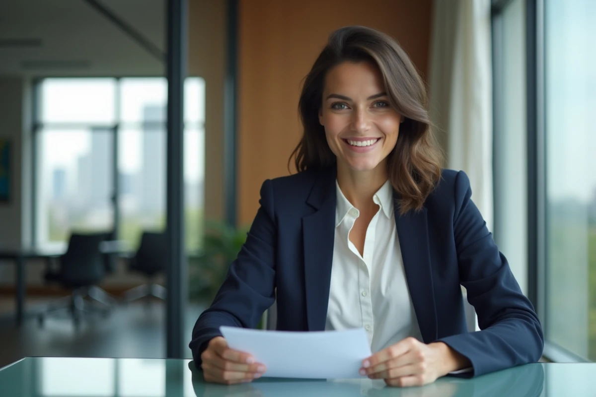 Jeune femme d'affaires confiante en blazer marine travaillant dans un bureau moderne avec vue sur la ville