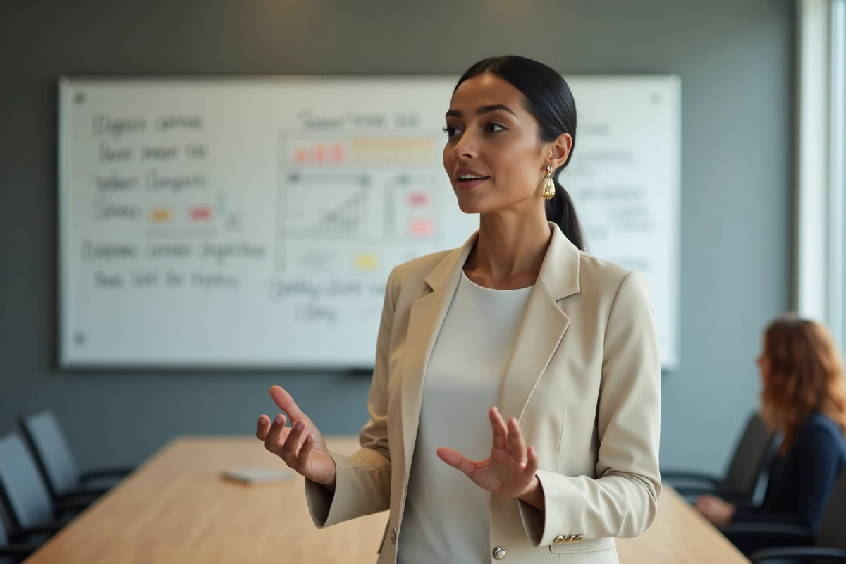 Femme d'affaires ambitieuse présentant une stratégie lors d'une réunion professionnelle dans une salle de conférence moderne