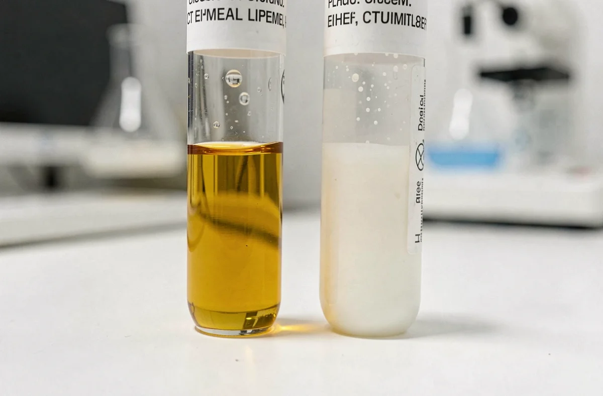 Comparaison de deux tubes de sérum sanguin, l'un normal et l'autre opalescent après un repas riche en graisses