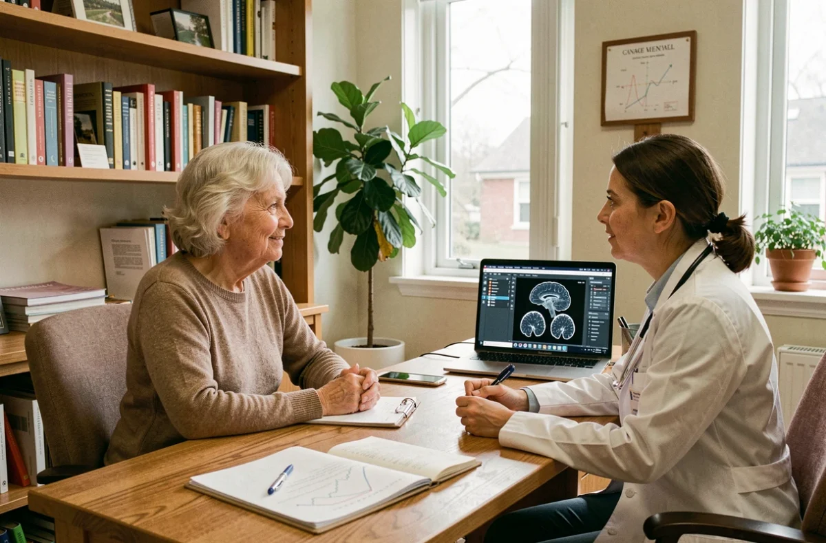 Patiente âgée en consultation médicale discutant des facteurs de risque liés à la leucopathie et aux troubles cognitifs
