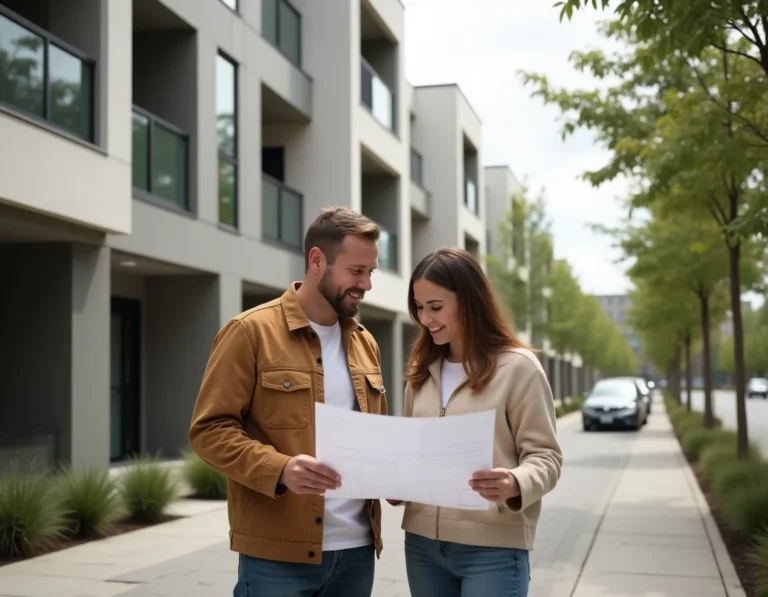Couple examinant des plans architecturaux devant un immeuble résidentiel moderne pour un projet immobilier