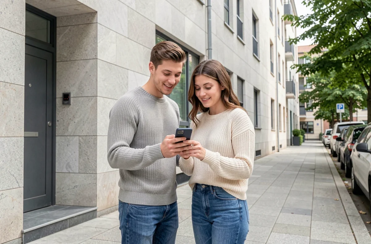 Couple consultant une application immobilière devant un immeuble à louer en ville