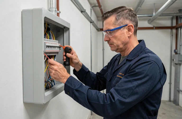 Électricien professionnel inspectant un tableau électrique résidentiel ouvert dans une buanderie moderne