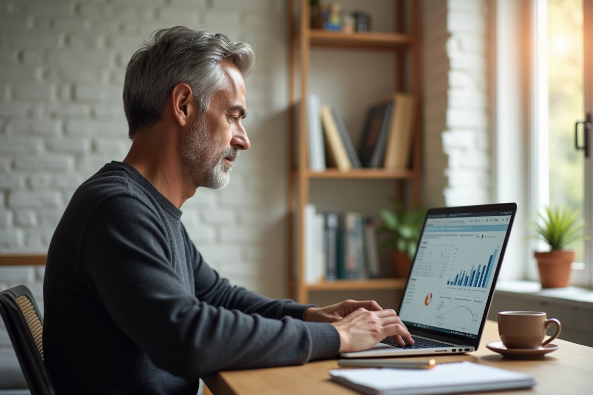 Entrepreneur travaillant seul sur un logiciel de gestion financière dans un bureau à domicile minimaliste avec tableau de bord analytique