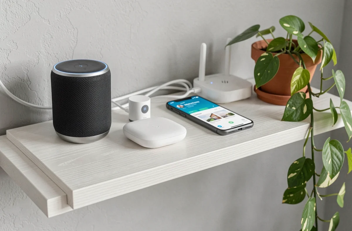 Étagère avec écosystème d'appareils connectés pour maison intelligente incluant enceinte et capteurs