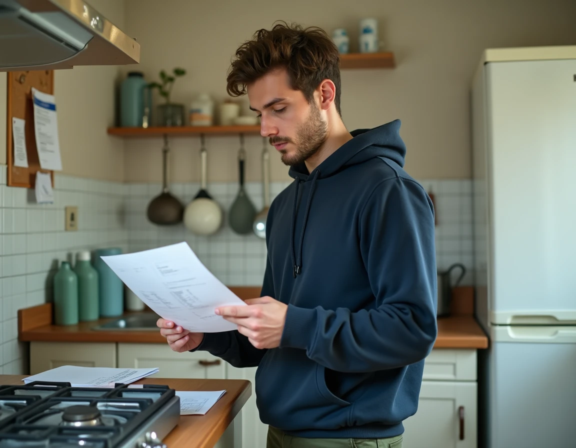 Jeune étudiant consultant un justificatif de domicile imprimé dans la cuisine de sa colocation