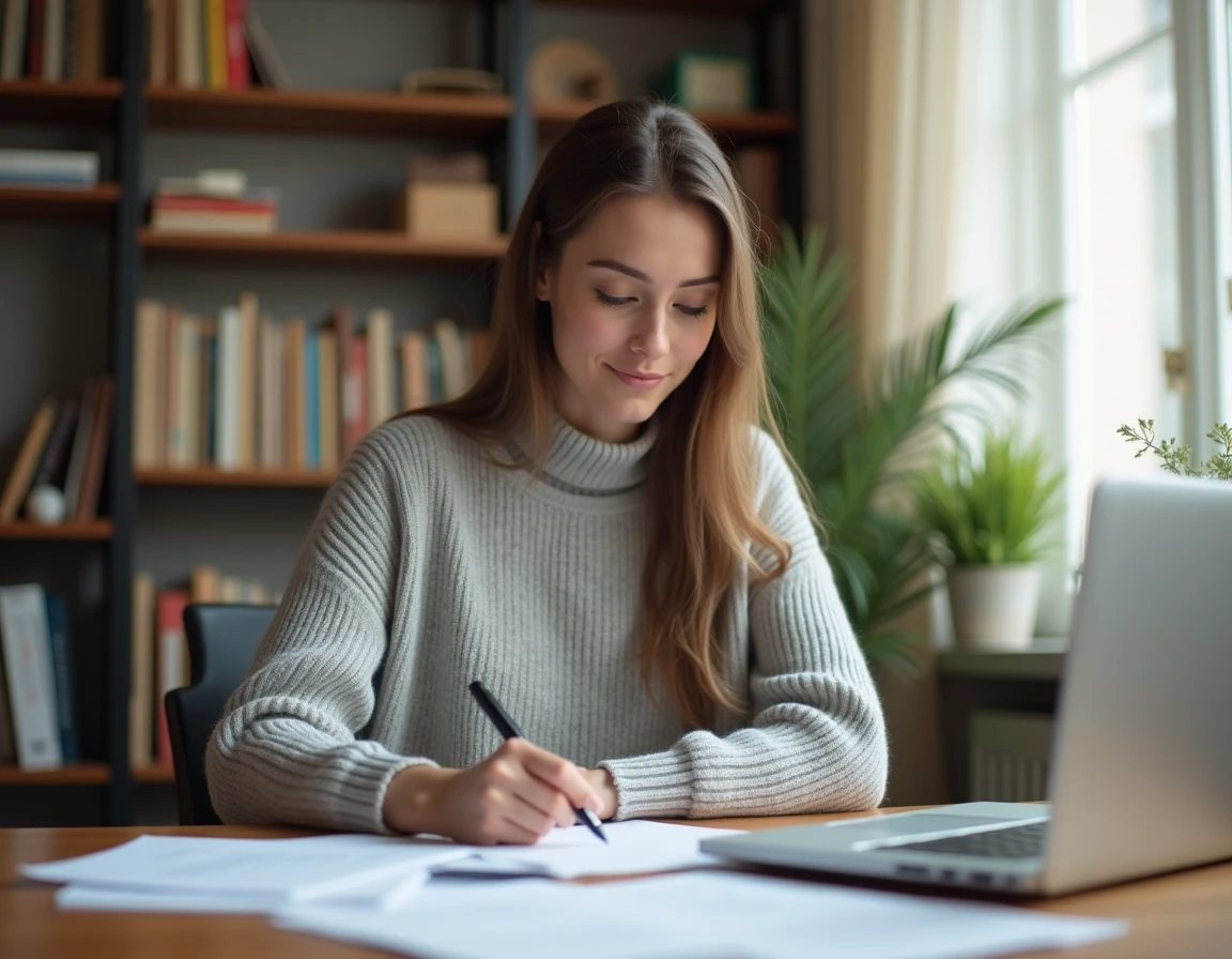 Étudiante remplissant un formulaire de justificatif de domicile à son bureau dans un appartement étudiant