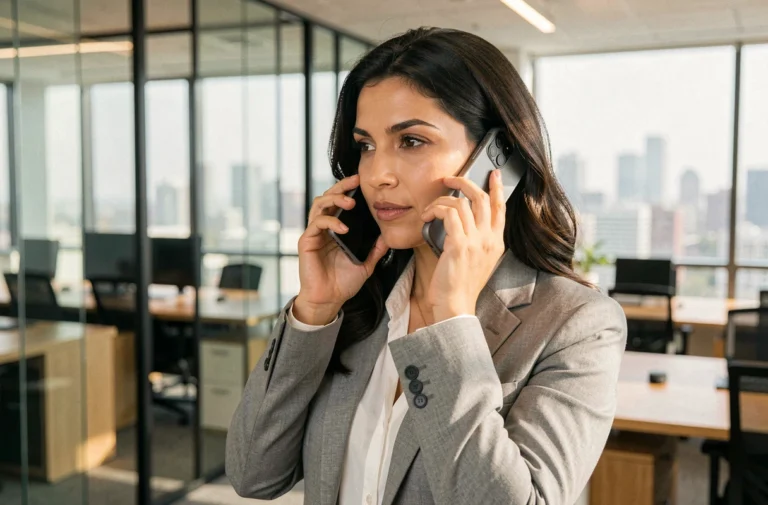 Femme en bureau téléphonant à l'international avec un smartphone moderne, illustrant l'utilisation d'un indicatif téléphonique international