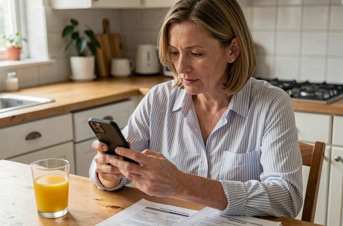 Femme d'âge mûr consultant une application de réseau professionnel sur smartphone pour trouver un emploi en 2024