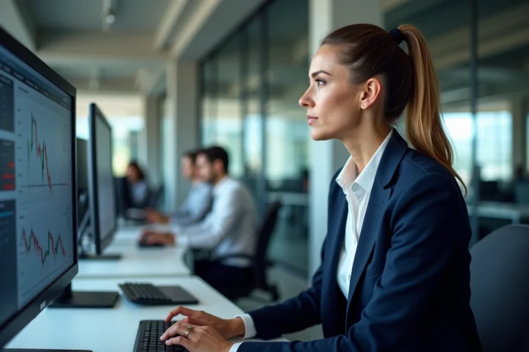 Femme cadre analysant des graphiques financiers sur un écran dans un bureau moderne pour optimiser la gestion financière de son entreprise