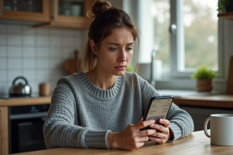 Femme consultant sa facture Free Mobile sur smartphone à la cuisine