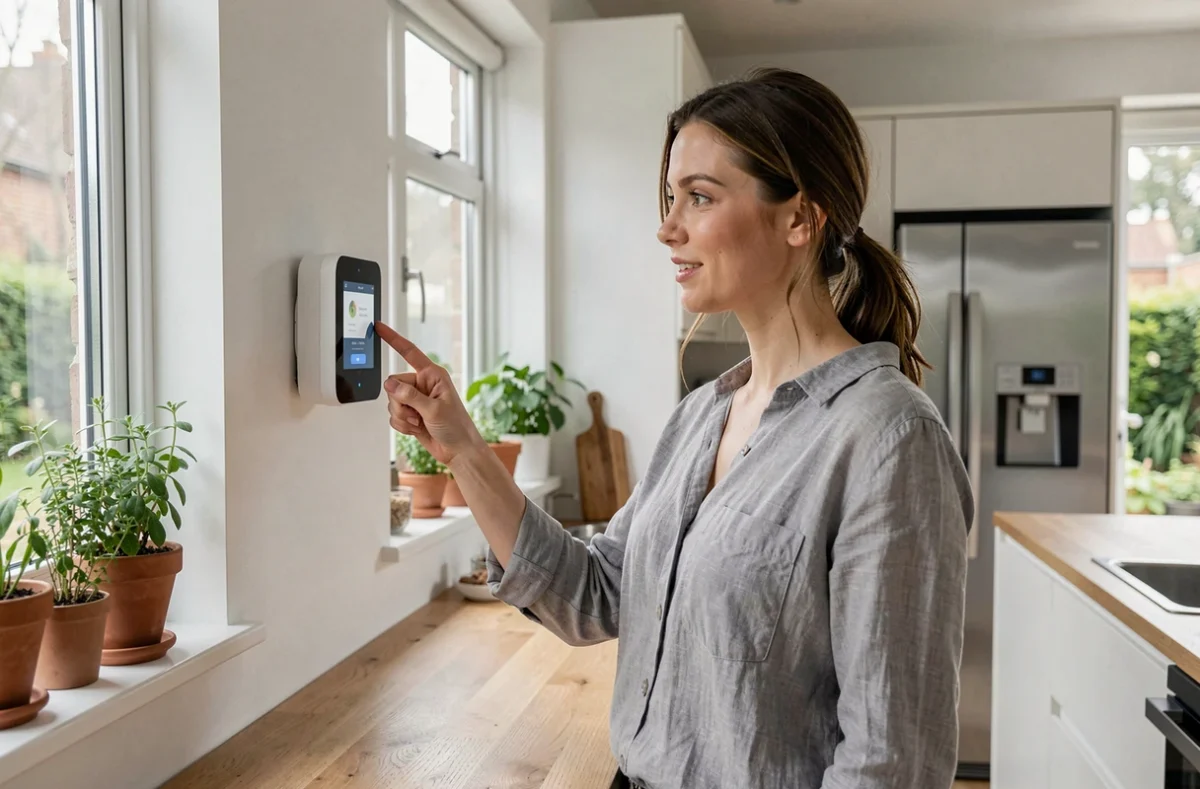 Femme interagissant avec un hub domotique connecté dans une cuisine moderne équipée d'appareils intelligents