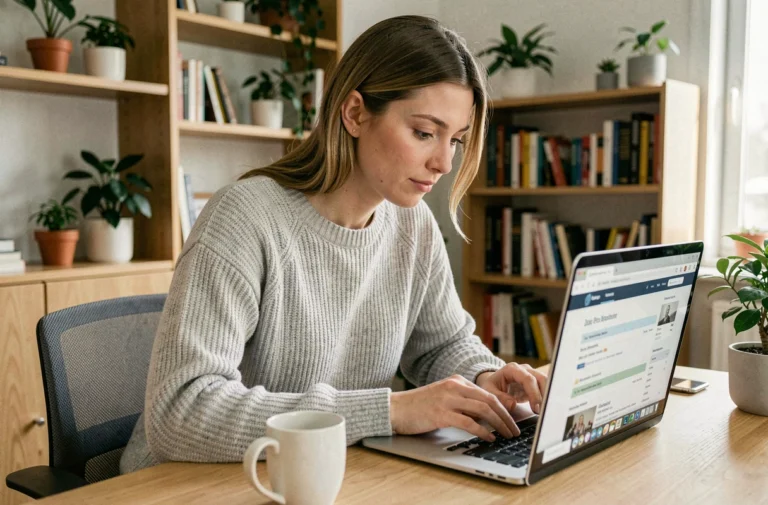 Femme en télétravail cherchant un emploi en ligne sur son ordinateur portable dans un bureau à domicile moderne