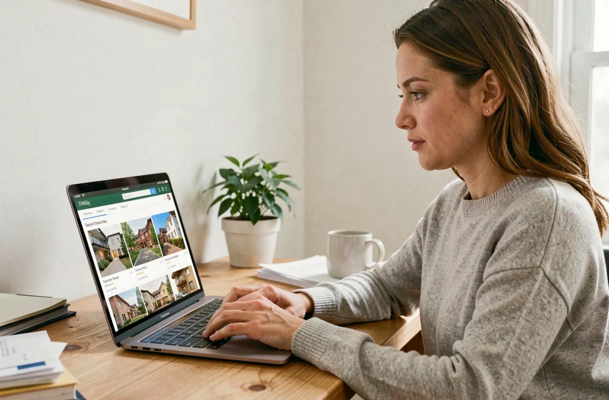 Femme cherchant un logement à louer sur une plateforme immobilière en ligne depuis son bureau à domicile