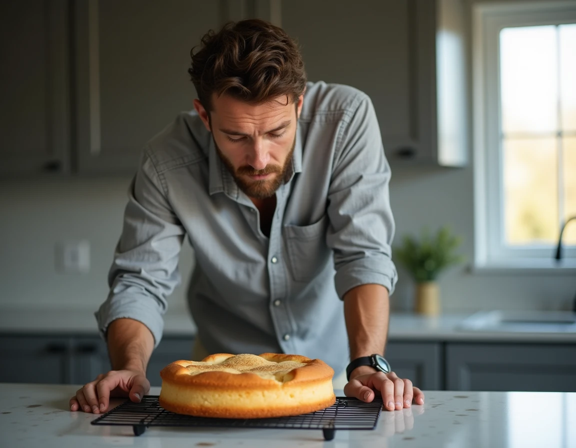 Homme observant un gâteau raté avec une croûte craquelée due à un excès de levure, posé sur une grille de refroidissement dans une cuisine moderne