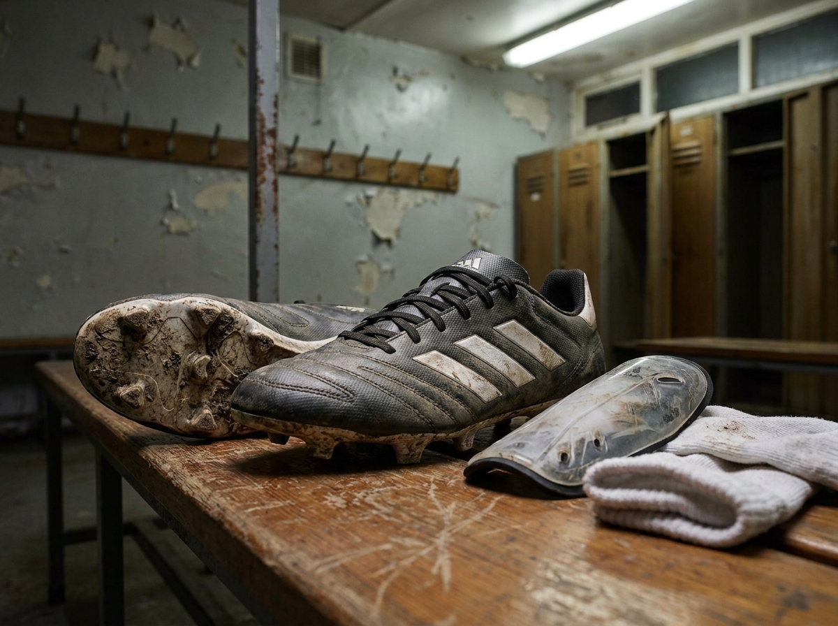 Gros plan sur une paire de crampons Adidas posés sur un banc de vestiaire de club de football amateur