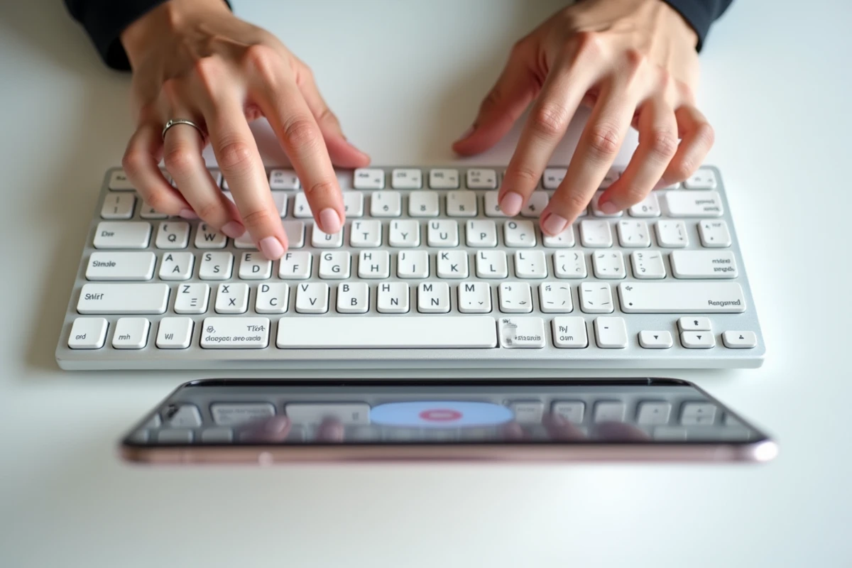 Gros plan de mains tapant un signe attention sur un clavier AZERTY avec aide visuelle sur smartphone