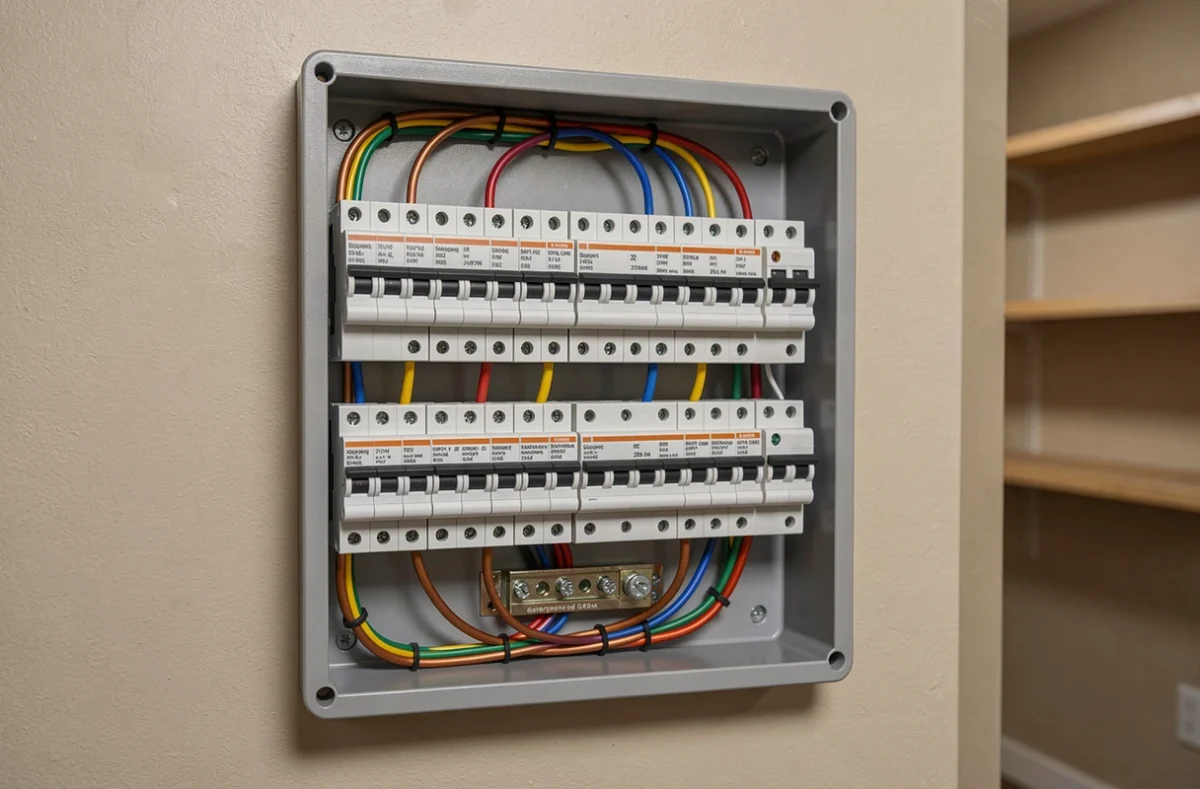 Gros plan d'un tableau électrique résidentiel moderne avec disjoncteurs étiquetés et câblage organisé