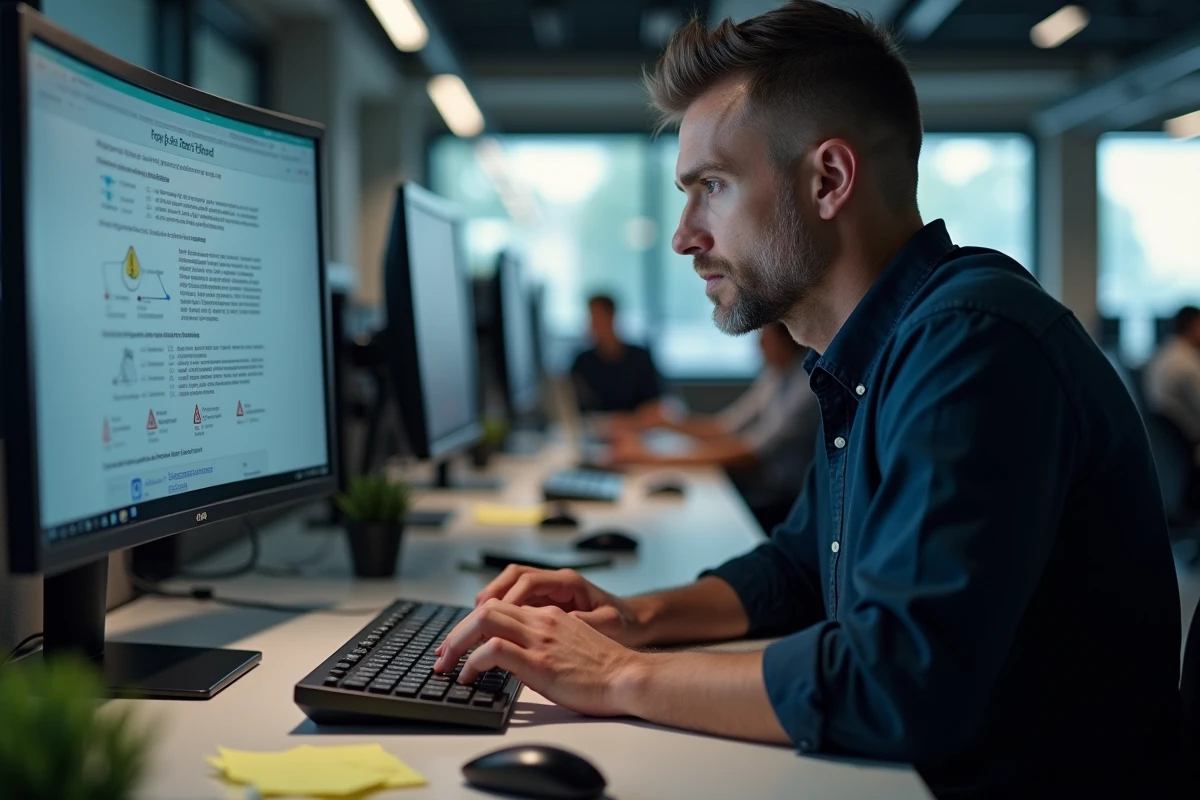 Homme en bureau consultant un guide de raccourcis clavier pour le signe attention sur PC