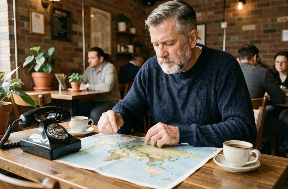 Homme étudiant une carte du monde avec un téléphone vintage dans un café, symbolisant la recherche des indicatifs téléphoniques internationaux par pays