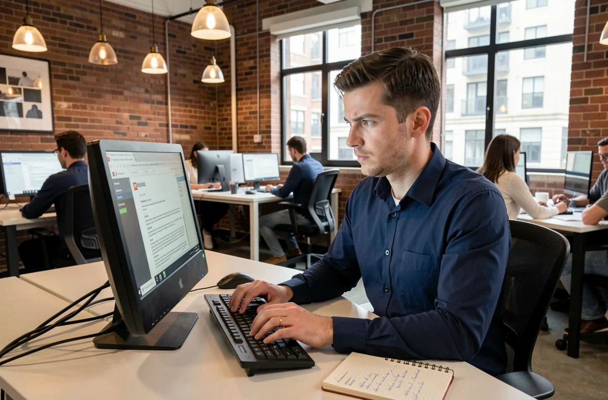 Jeune homme professionnel mettant à jour son CV sur ordinateur dans un espace de coworking moderne en ville