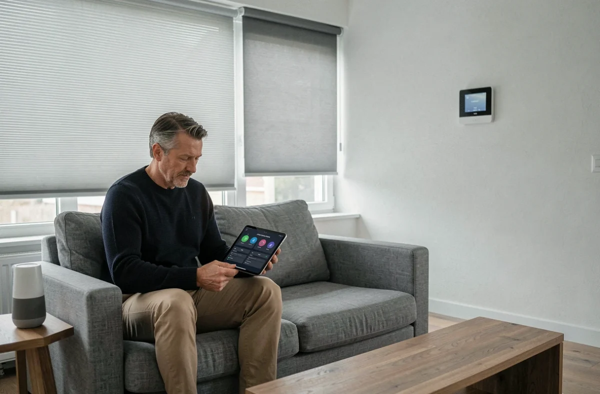 Homme utilisant une tablette pour contrôler les équipements connectés d'un salon maison intelligente
