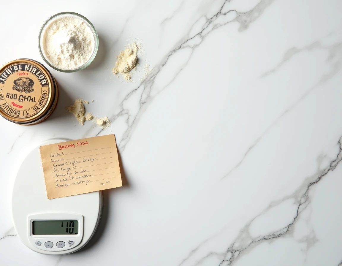 Vue de dessus des ingrédients de pâtisserie avec levure dosée, balance de cuisine et fiche recette manuscrite sur marbre blanc