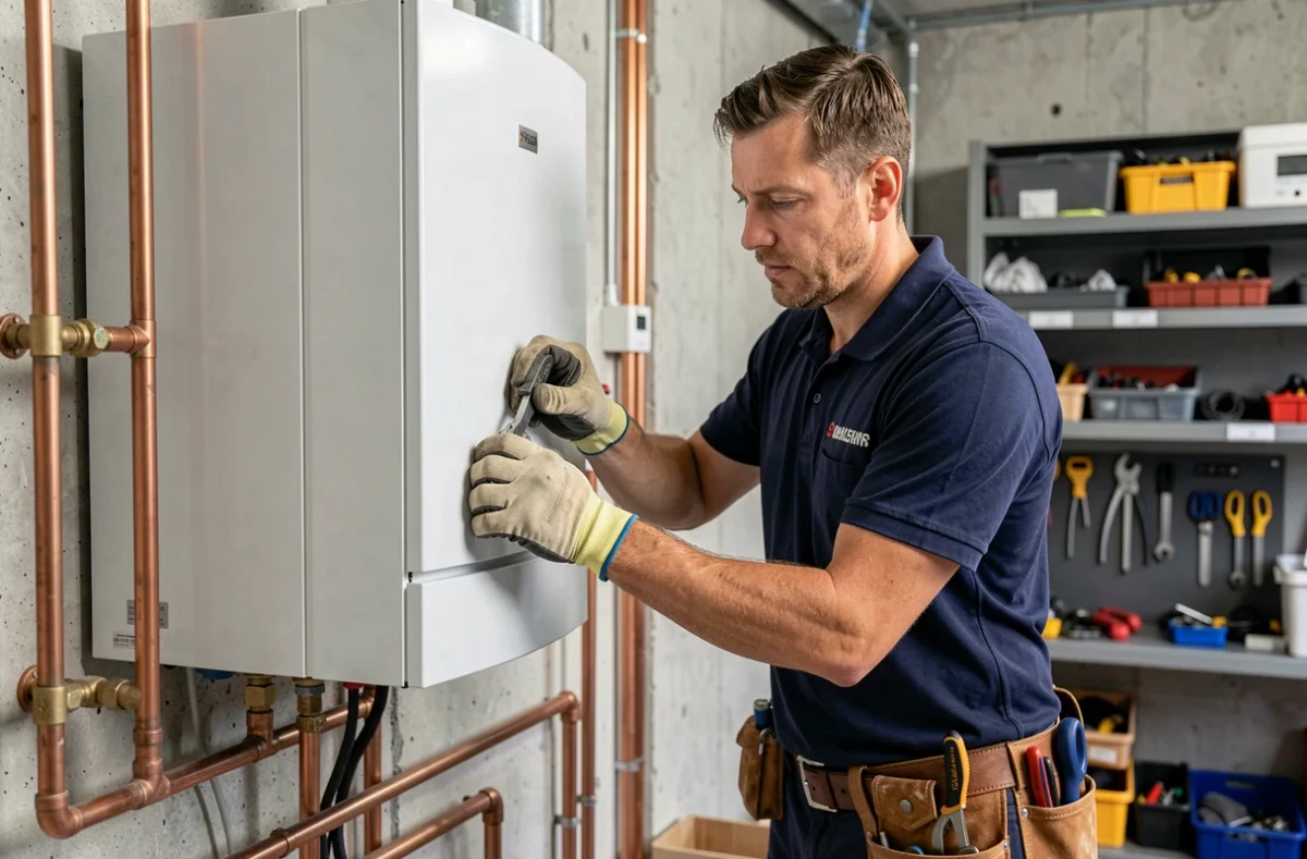 Technicien installant une chaudière à condensation haute performance dans une chaufferie résidentielle