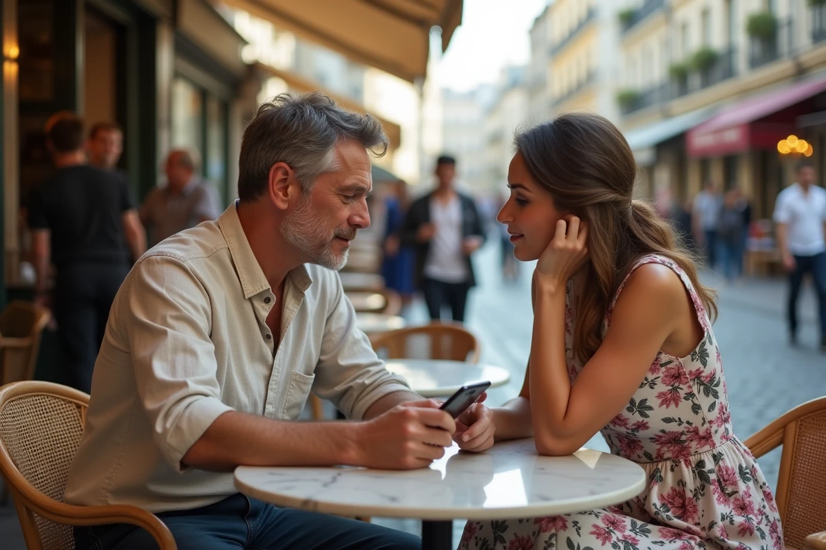 Couple célèbre préservant leur intimité lors d'une conversation discrète en terrasse de café parisien