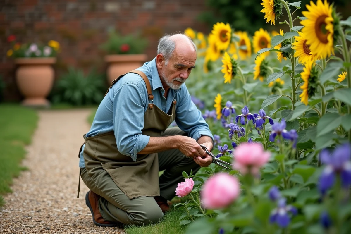 Jardinier expérimenté en train de tailler une bordure fleurie composée de tournesols, pivoines et iris dans un jardin traditionnel