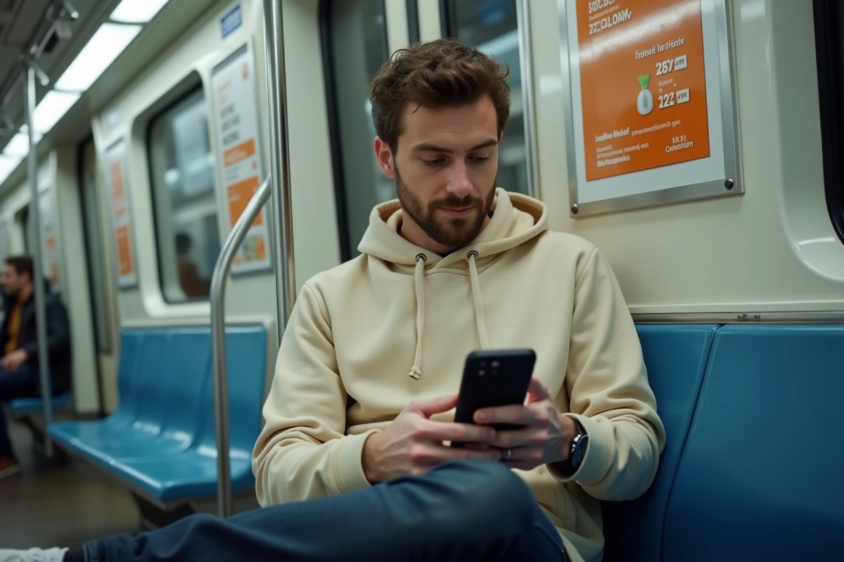Joven consultando el historial de sus facturas Free Mobile en el metro