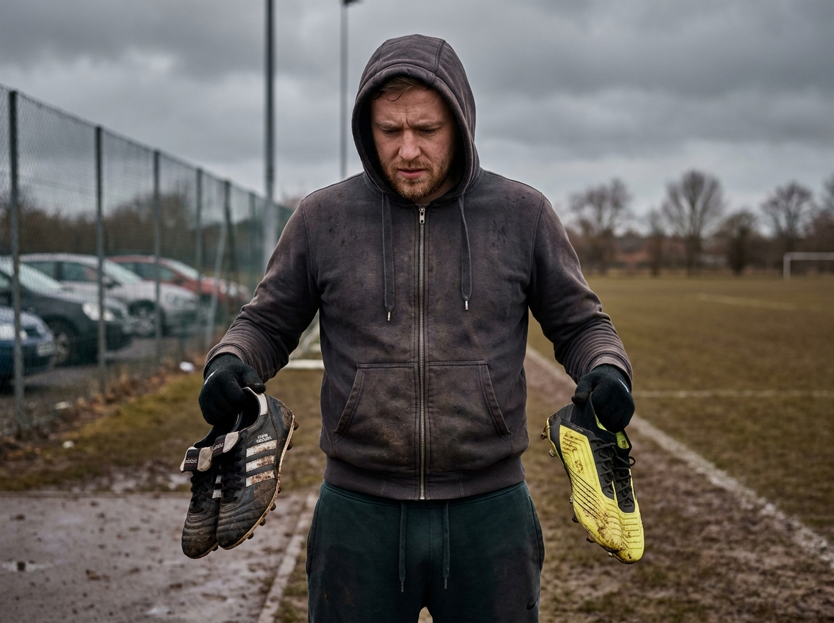 Joueur amateur comparant deux modèles de crampons Adidas sur la touche d'un terrain de football boueux lors d'un week-end
