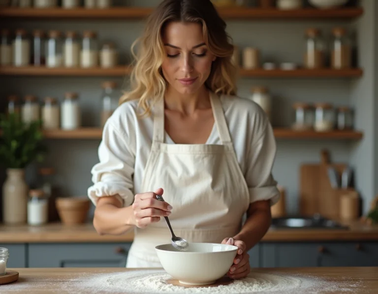 Femme mesurant précisément la levure chimique avec une cuillère doseuse au-dessus d'un bol à mélanger dans une cuisine maison