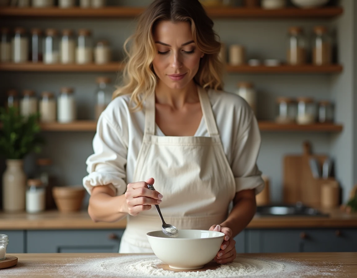 Femme mesurant précisément la levure chimique avec une cuillère doseuse au-dessus d'un bol à mélanger dans une cuisine maison