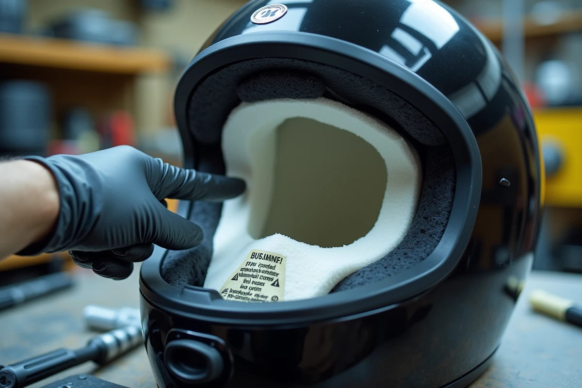 Vue intérieure d'un casque moto montrant la calotte EPS intacte qu'il ne faut jamais modifier pour des raisons de sécurité