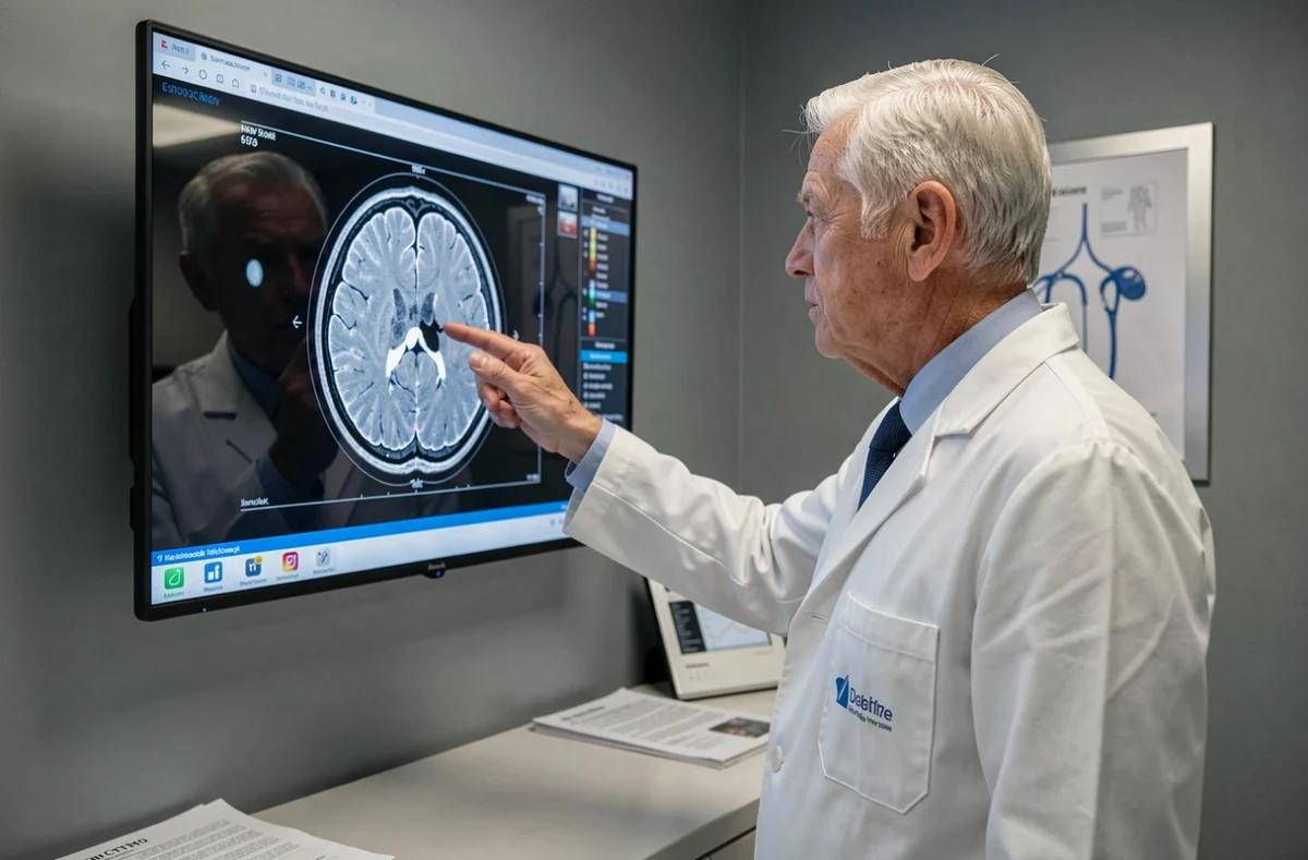Neurologue examinant une IRM cérébrale montrant des lésions de leucopathie Fazekas 2 sur écran médical