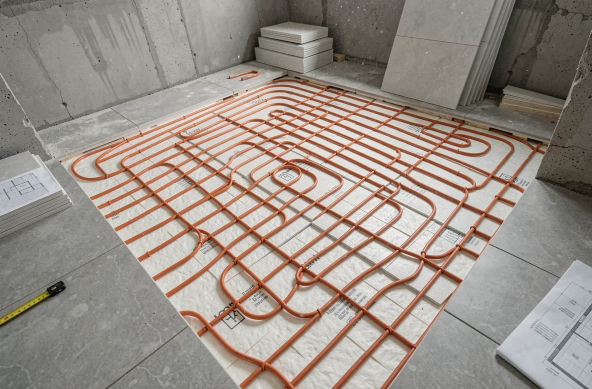Système de chauffage par le sol avec tuyaux en spirale posés sur isolation thermique lors d'une rénovation de salle de bain