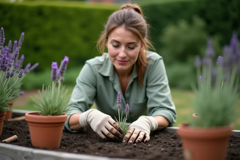 Femme qui plante un pied de lavande dans un carré de jardin en bois, mains gantées posées sur la terre fraîche