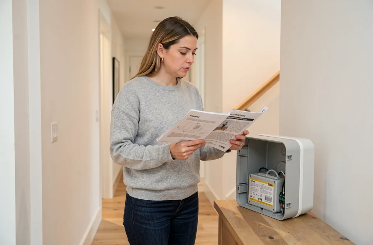 Propriétaire féminine comparant un guide d'achat de tableau électrique avec un nouveau coffret dans un couloir moderne