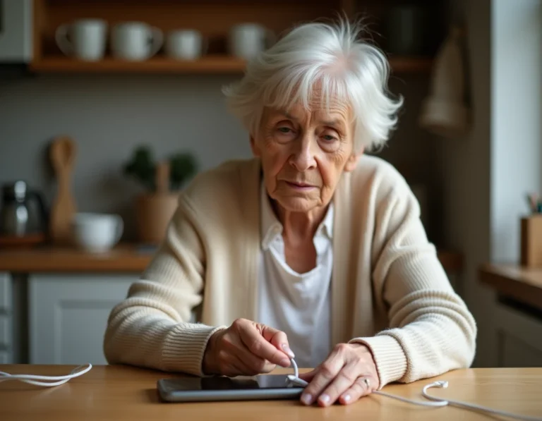 Femme âgée branchant le câble de recharge de son téléphone Doro sur une table de cuisine en bois