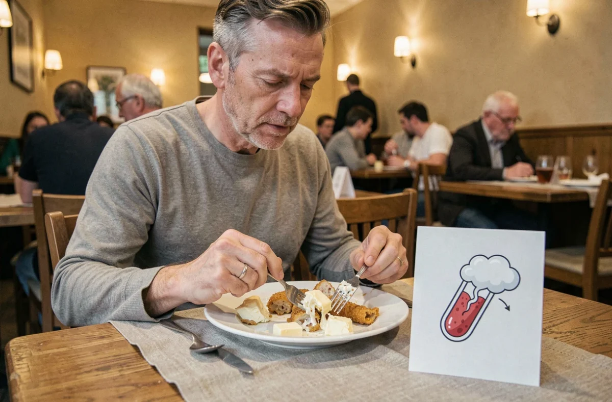 Homme après un repas riche en graisses avec représentation visuelle du sérum sanguin lipémique opalescent