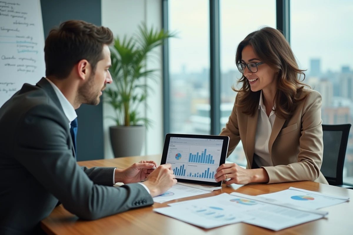 Deux professionnels en réunion d'affaires collaborant sur des rapports financiers et des tableaux de bord numériques pour améliorer la gestion financière