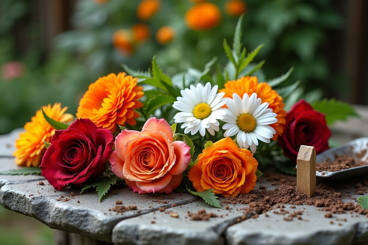 Assortiment de fleurs de jardin colorées disposées sur une table en pierre avec des outils de jardinage et des sachets de graines