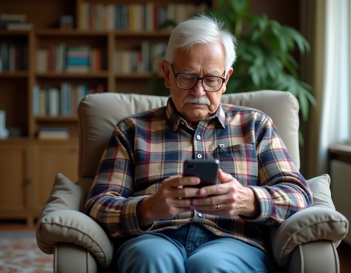 Homme senior examinant le port de charge de son téléphone Doro avec des lunettes de lecture dans un salon